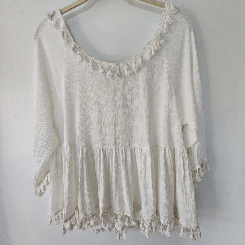NEW A Shappe Apparel Gauze Boho Peplum Top Sz S/M White Tassels